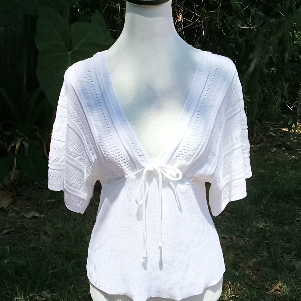 Womens Gorgeous Knitted White Deep V Front Off The Shoulders Knit Neck Tie Top🌼 - Picture 9 of 16